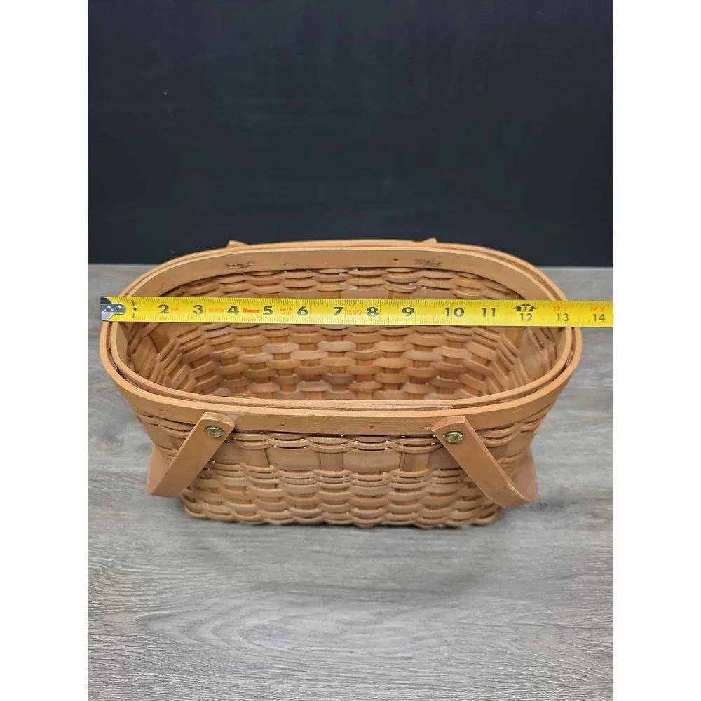 Vintage Double Handled Light Brown Wooden Basket 13.5x9x7 Rustic Home Decor